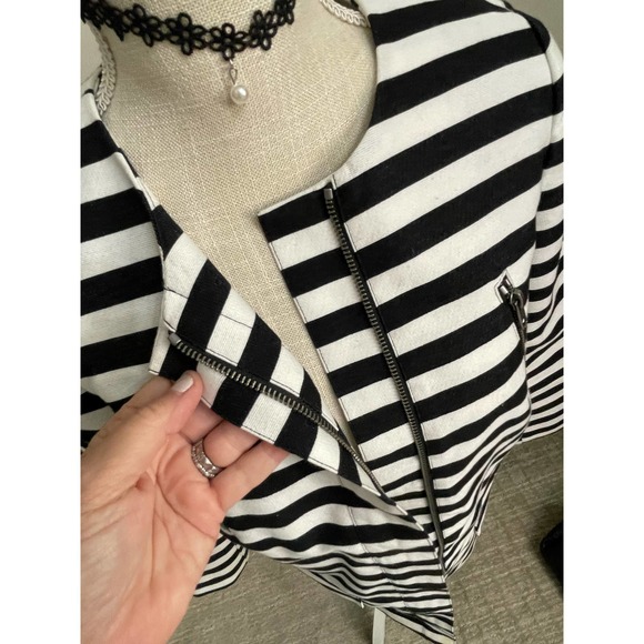 Halogen Womens Long Jacket Coat Duster Black White Stripe Zip Front Sz XS Shift - Picture 4 of 16
